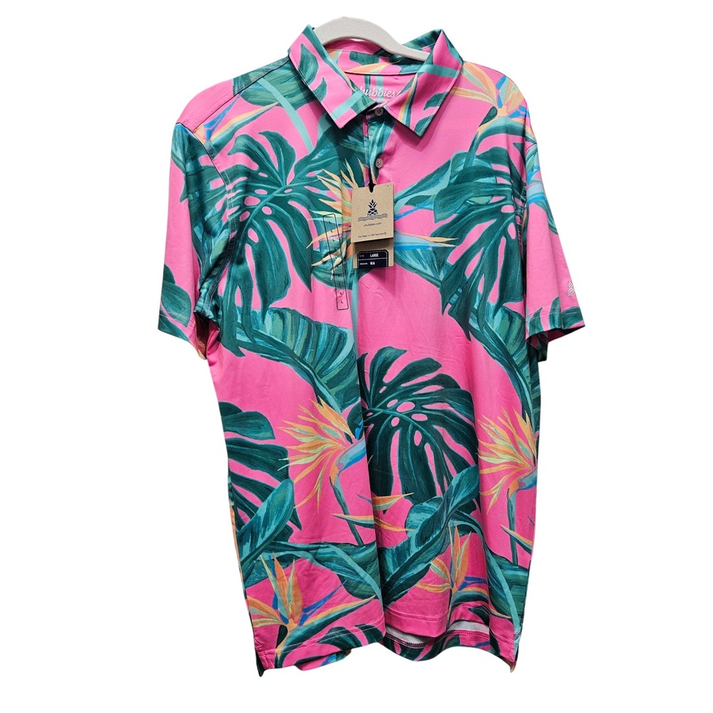 Chubbies Performance Polo Mens L Pink‎ Birds Of Paradise Tropical Floral Shirt